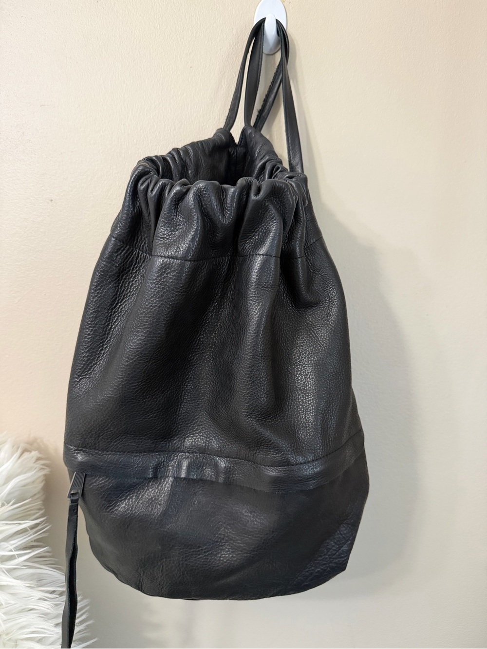 Men's Black Leather Drawstring Backpack - Minimal Everyday Carry